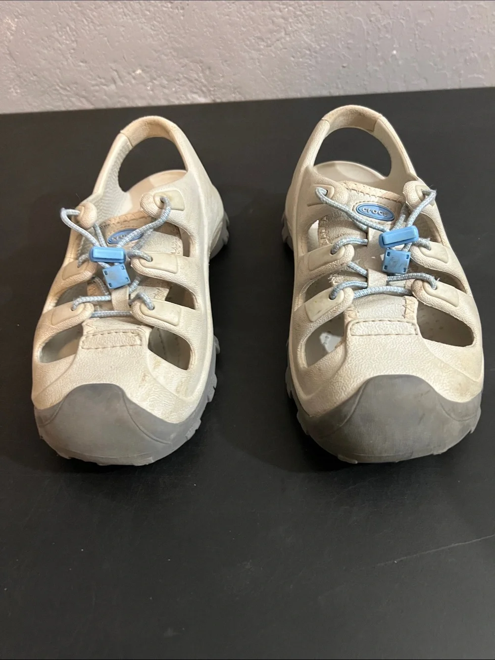 CROCS Beige Water Shoes with Light Blue Accents